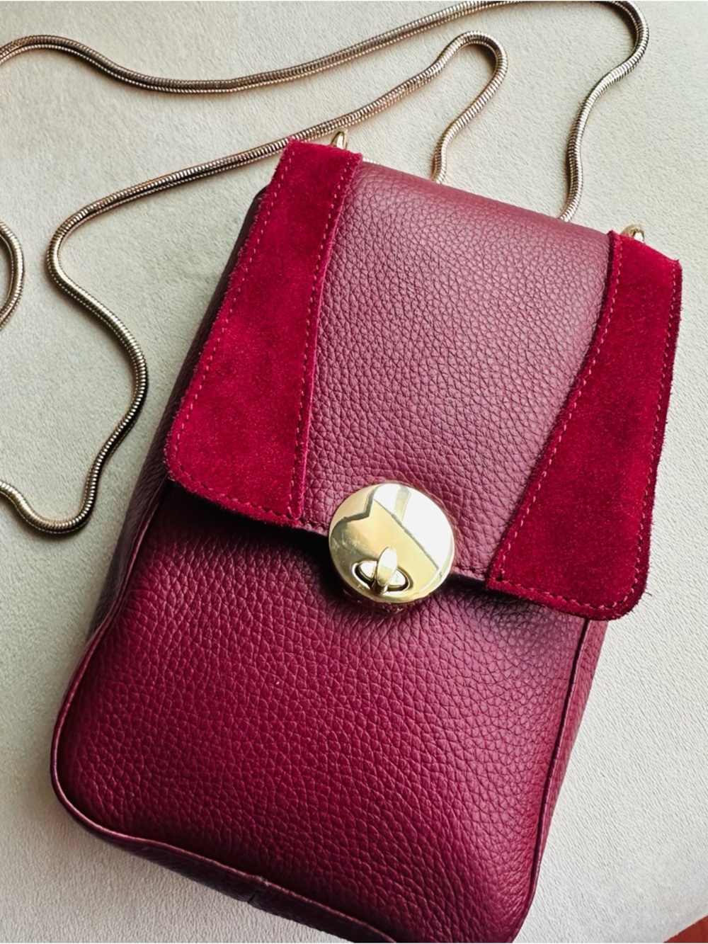 Clove + Revel Genuine Leather Crossbody Bag | Suede Detail Gold Lock Mini Bag